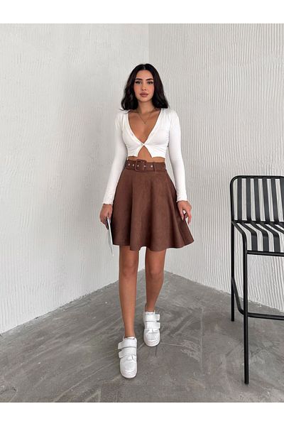 Ozy Fashion Дамска тъмнокафява миди велурена пола с колан