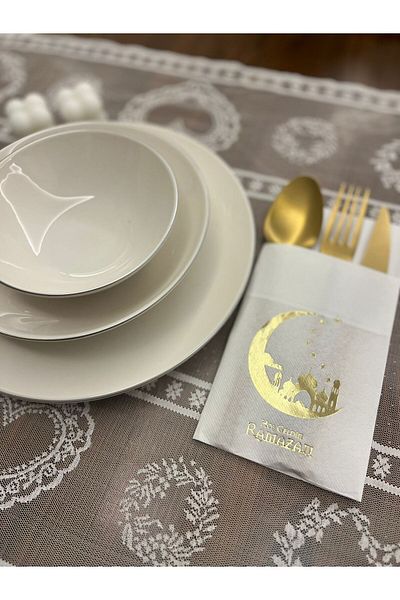 kidspartim Ramadan and New Moon Pattern - Gold Gilded White Napkin Welcome with 12 Pockets