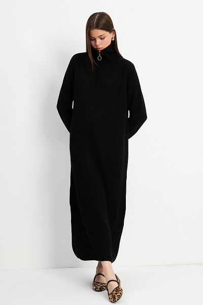 Yefrastore Rochie neagră de damă, lungă, moale, cu jumătate de fermoar