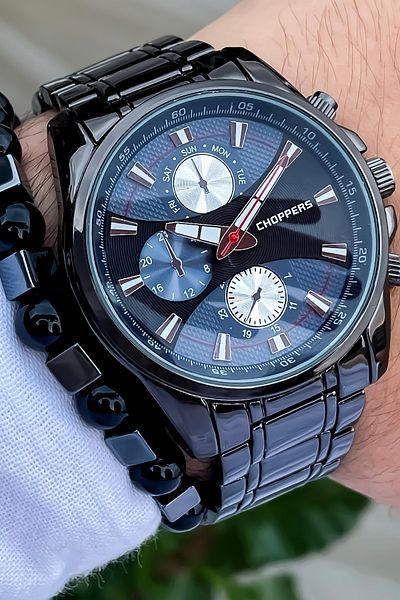 Choppers ساعة يد رجالية بسوار معدني لون أسود من نيو سيزون + سوار هدية