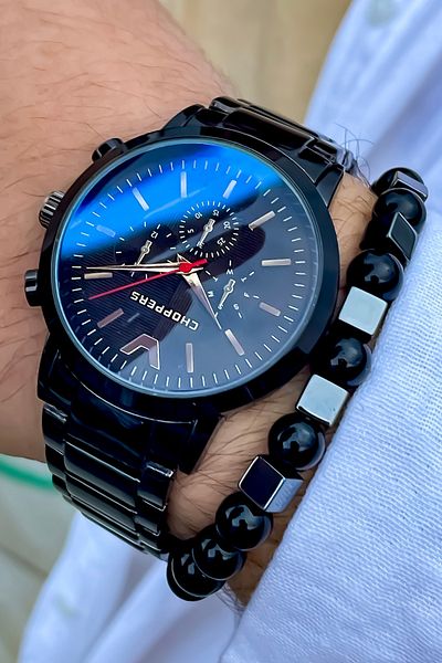 Choppers ساعة يد رجالية بسوار معدني باللون الأسود للموسم الجديد + هدية سوار