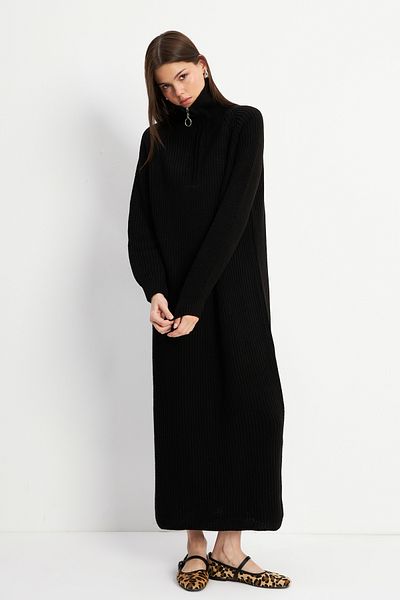 Yefrastore Rochie neagră de damă, lungă, moale, cu jumătate de fermoar