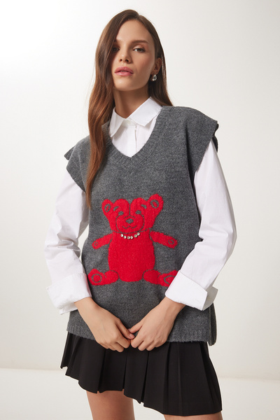 Lovelyİstanbul Grey Stone Teddy Bear Textured Knitwear Sweater - Lus0065