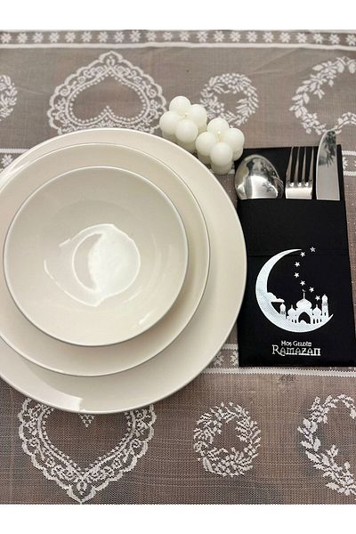 kidspartim Ramadan New Moon Pattern - Silver Gilded Black Napkin Welcome with 12 Pockets