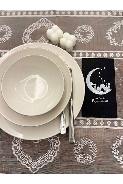 kidspartim Set of 16 Silver Gilded - Black Welcome Ramadan New Moon Pattern Waiter Napkins