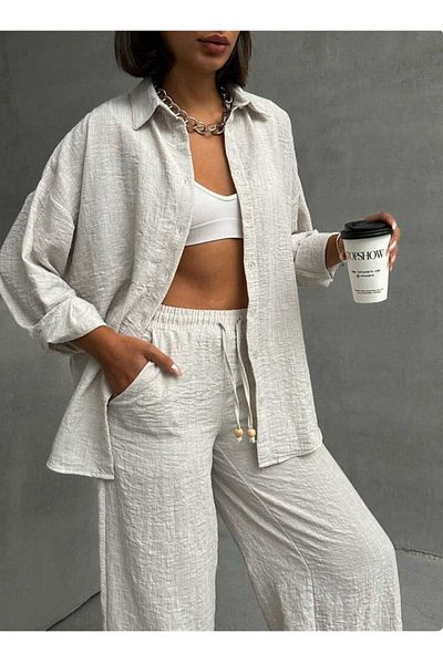 Semesia Women's Oversize Silver Glitter Striped Linen Blended Premium Bottom Top Suit