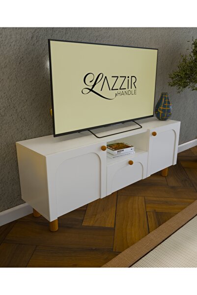lazzir handle Mdf Bohem Tv Ünitesi-(mebran Kapak Kubbeli Ortası Açık)-(beyaz)-(120 Cm)-(yuvarlak Ayaklı)