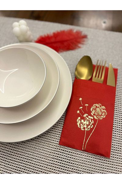 kidspartim Gold Gilded Red Pocketed Chicory Blossom Napkin 12 Pieces