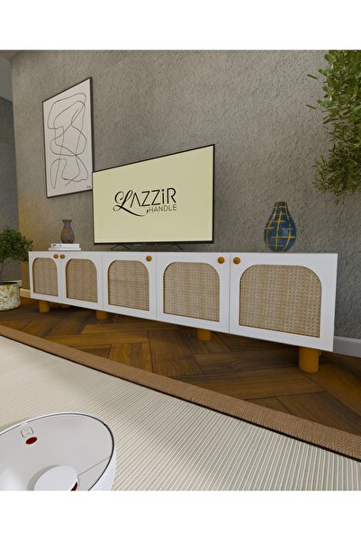 lazzir handle Mdf Bohem Tv Ünitesi-(mdf Kapak Sarı Hazeranlı)-(beyaz)-(225 Cm)-(tombul Ayaklı)