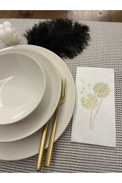 kidspartim Gold Gilded White Chicory Flower Printed Waiter Fold Napkin Set of 16