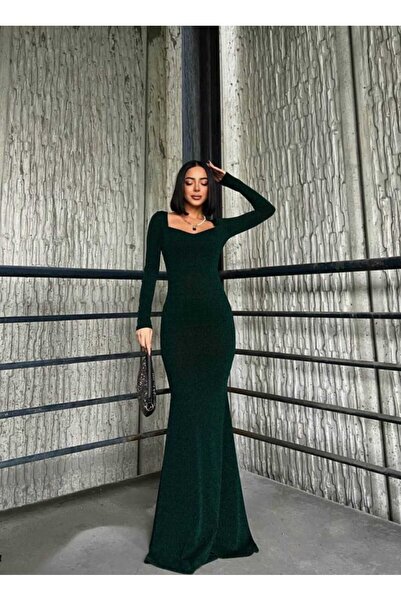 HESİODOS فستان سهرة من القماش اللامع مع ياقة على شكل قلب على شكل سمكة، فستان ...