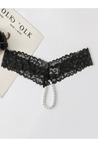 Butik decor negru cu dantelă cu mărgele florale lenjerie sexy chiloți