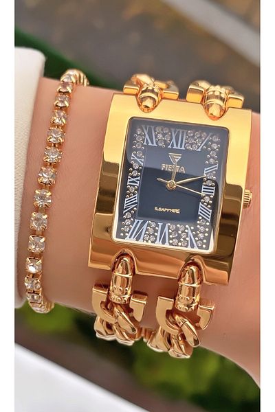 Fiesta Brand Gold Color Steel Cord Large Case Women Wrist Watch - Bracelet Gift