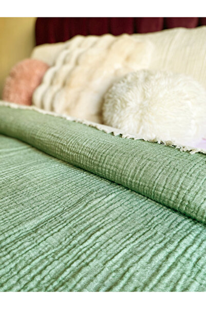 NEMM Yeşil Renkli 4 Katlı Muslin %100 Pamuk Çift Kişillik Yatak Örtüsü 240x26...