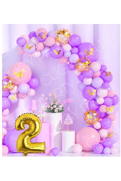 CUGY Purple Lila Gold Butterfly Detail 2 Year Old Birthday Decoration Balloon Chain