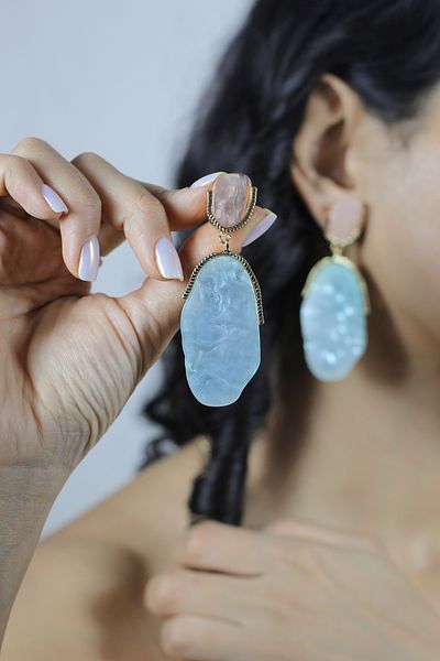 homet Gold Color Brass Pink and Blue Stone Detailed Earrings (1 Pair)