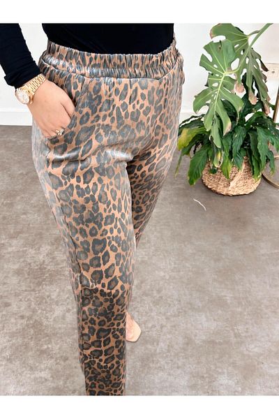 ASEL FASHİON Shiny Woven - Leopard Print Brown Trousers