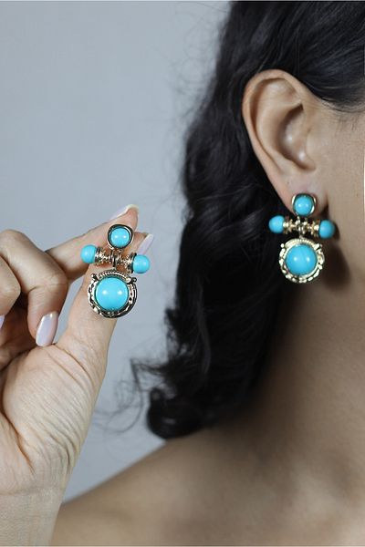 homet Gold Color Brass Turquoise Stone Traditional Earrings (1 Pair)