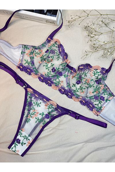 ROZENİN LINGERIE Set de sutien din tul fără cupă cu sârmă din dantelă verde violet (SUTIEN TANGA)
