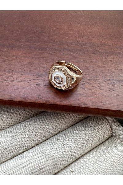 Jerie White Enamel Hexagon Design Knight Joint Ring