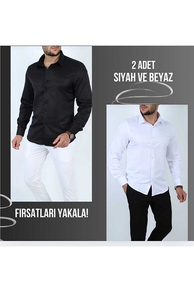 ZENGOLL & RAMİRES Men's White and Black Slim Fit Long Sleeve Shirt - 2 Pcs