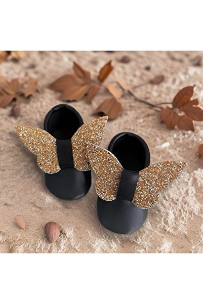 MY MINIE Kız Bebek Makosen Ayakkabı Siyah Kelebek Simli Ilkadım Ayakkabısı (P...