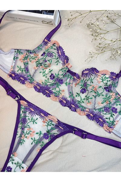 ROZENİN LINGERIE Set de sutien din tul fără cupă cu sârmă din dantelă verde violet (SUTIEN TANGA)