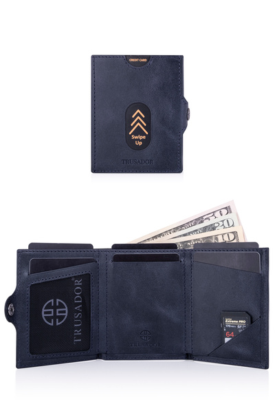 Trusador Valencia Navy Blue Coin Pocket Unisex Genuine Leather Rfid Protection Men's Women's Mini Wallet