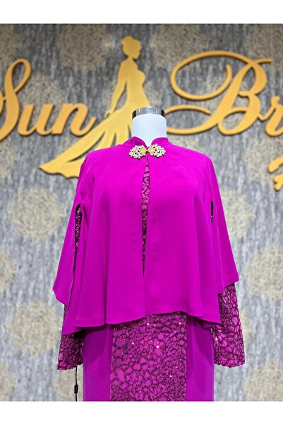 MODA Pembe Balık Model Pullu Uzun Kollu Üstü Pelerinli Abiye Elbise