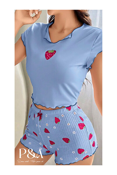 SOFT PA Giyim Kadın Çilek Desenli Marul  Kısa Kollu Üst ve Şort Pijama Takımı