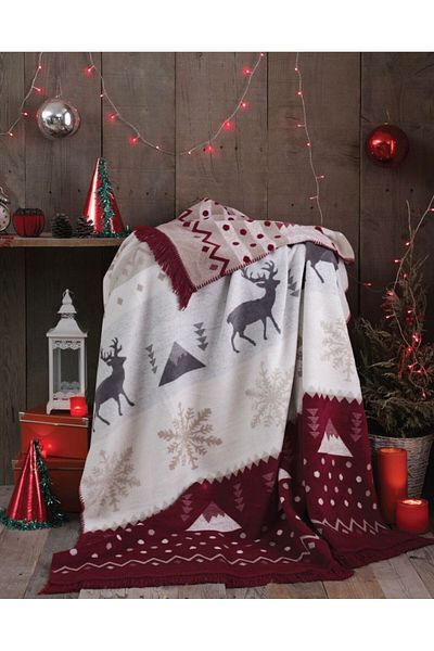 Bikaya Home Emilio Red - Double-Sided Cotton Patterned Double Blanket