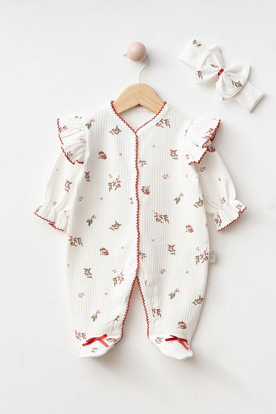 BABYLİM Baby Girl Kokina Flower Printed 100% Cotton Bandana Romper Set