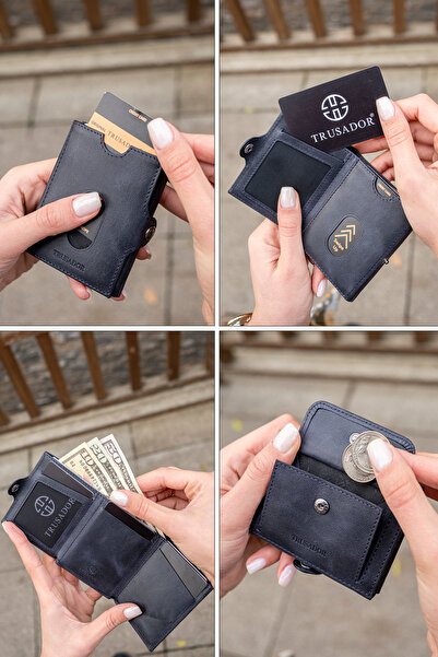 Trusador Valencia Navy Blue Coin Pocket Unisex Genuine Leather Rfid Protection Men's Women's Mini Wallet