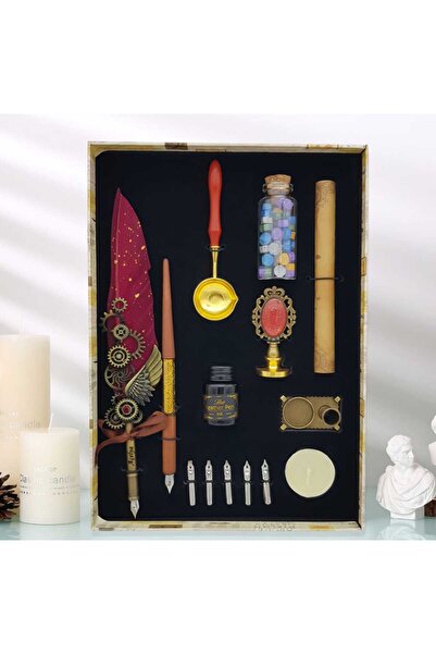 Menuzer Retro Çift Divit Kalemli Tüylü Hediyelik Kaligrafi Seti Divit Büyük Kalem Seti