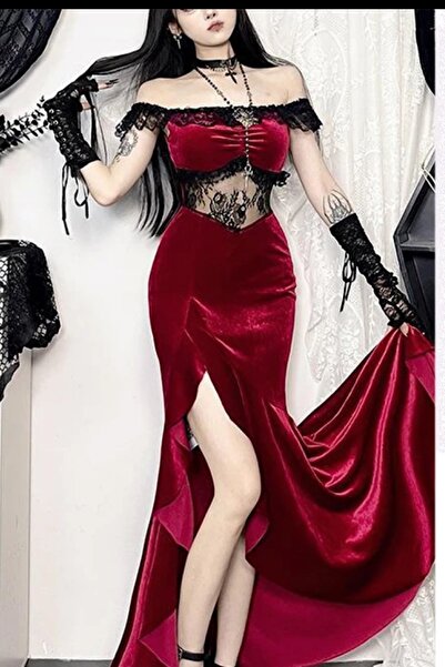 Giraffe Yılbaşı Abiye Parti Uzun Kadife Dantel Elbise Gotik Punk
