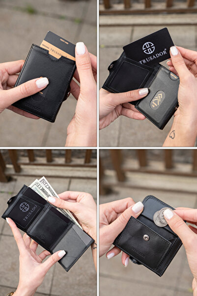 Trusador Valencia Black with Coin Pocket Unisex Genuine Leather Rfid Protection Men Women Mini Wallet