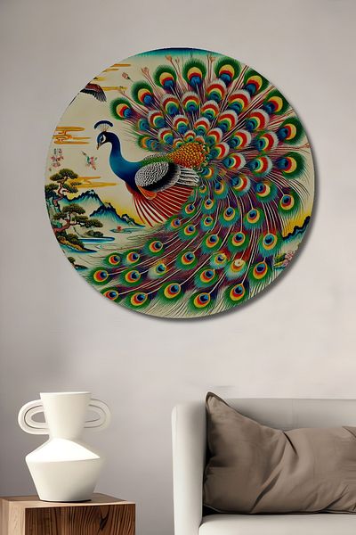 Teona Ahşap Păun colorat decorativ din lemn MDF rotund pentru acasă, pictură murală la locul de muncă