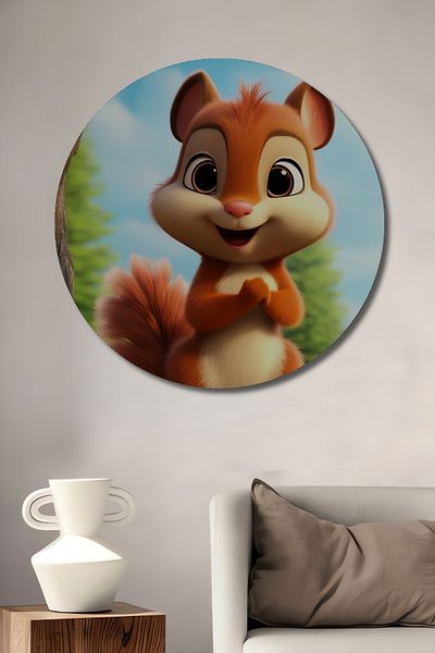 Teona Ahşap Casa rotundă din lemn MDF decorativă cu veveriță drăguță, pictură murală la locul de muncă