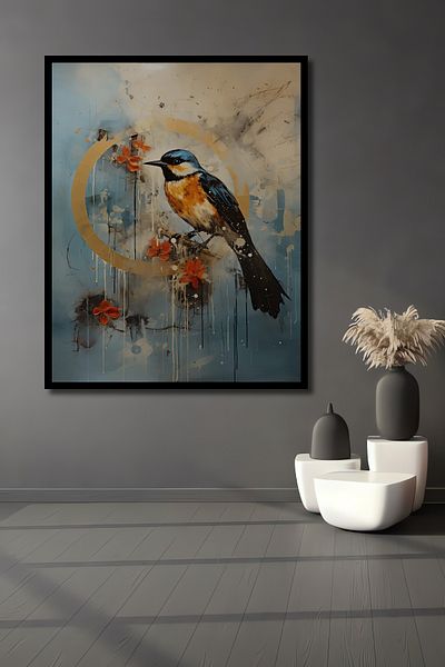 Teona Ahşap Pictură murală dreptunghiulară din lemn MDF decorativă cu flori de pasăre albastră