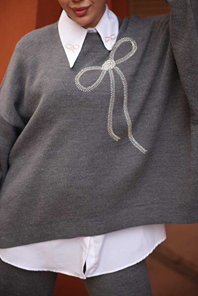 Viskosa Bow Bead Stoneworking Standard 3-Piece Knitwear Set (Choose Shirt Size)