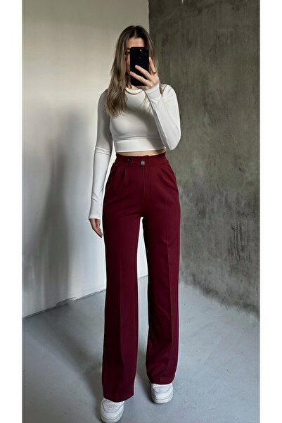 asfamoda Kadın Bordo Kore Model Esnek Yapılı Rahat Palazzo Pantolon