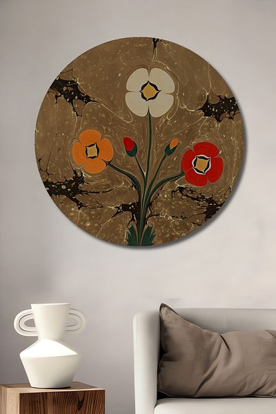 Teona Ahşap Casa rotunda din lemn MDF decorativ cu trei flori, pictura pe perete la locul de munca