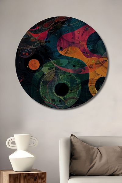 Teona Ahşap Casa rotundă din lemn MDF decorativă univers abstract colorat, pictură murală la locul de muncă