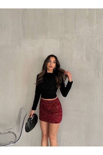 maf collection Fusta mini cu paiete burgundy de damă