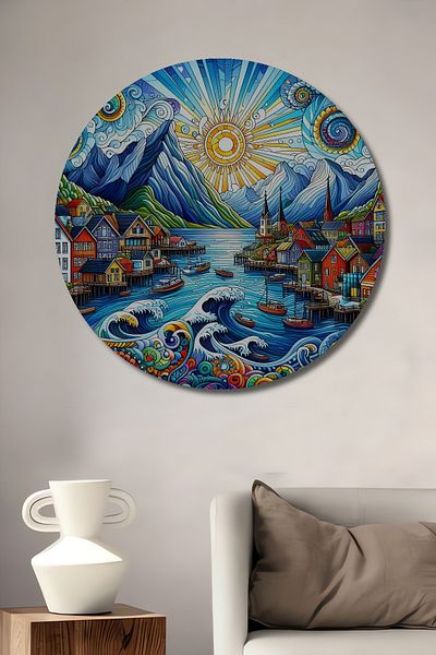 Teona Ahşap Peisaje colorate din lemn MDF rotund decorativ pentru casa, locul de munca pictura pe perete