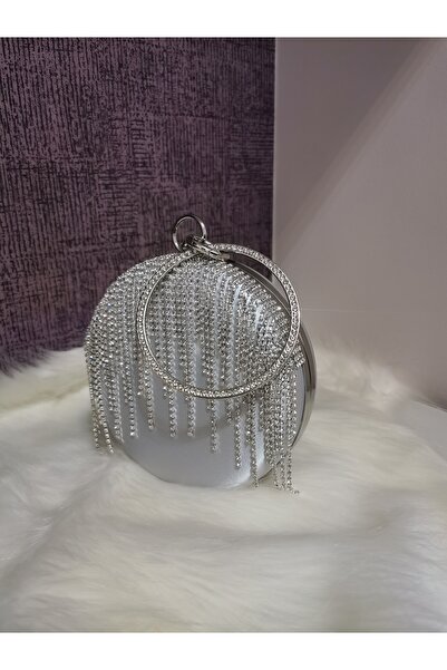 NAZART Women's Luxury Stone Satin Silver Round Gown Clutch Portfolio Gown Night Wedding Bag