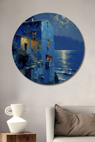 Teona Ahşap Blue By Moon House Decorativ din lemn MDF Casă rotundă, pictură murală la locul de muncă