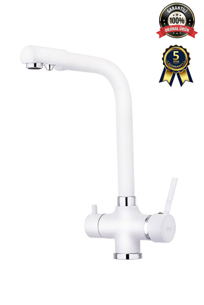 BMS Arıtmalı Üç Girişli Tek Gövde Mutfak Eviye Bataryası 5 Yıl Garantili Musluk Mix Kol 379b Beyaz