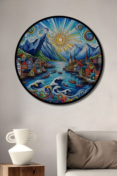Teona Ahşap Peisaje colorate din lemn MDF rotund decorativ pentru casa, locul de munca pictura pe perete