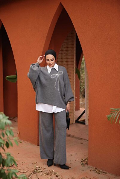 Viskosa Bow Bead Stoneworking Standard 3-Piece Knitwear Set (Choose Shirt Size)